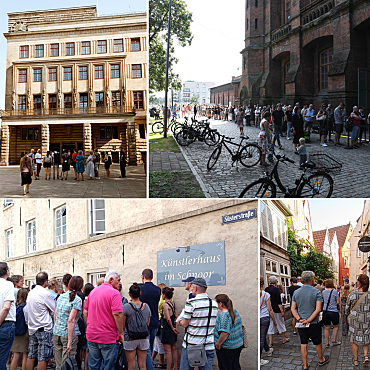 Führungen: oben rechts: vor dem Haus des Reichs, oben links: vor dem Wasserturm, unten: im Schnoor